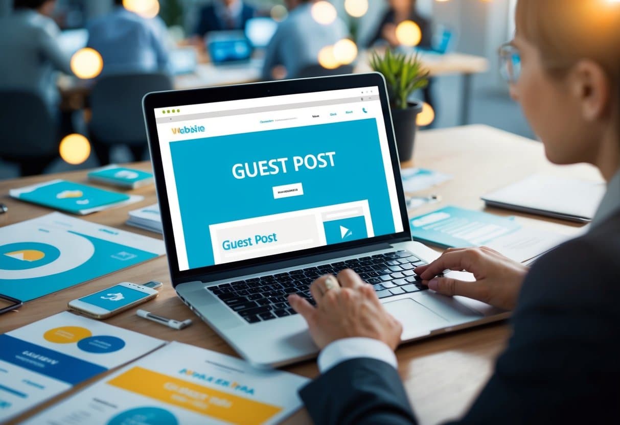 Um laptop exibindo um site com uma seção de "postagem de convidado" destacada, cercado por vários materiais de marketing e um ambiente de escritório movimentado.