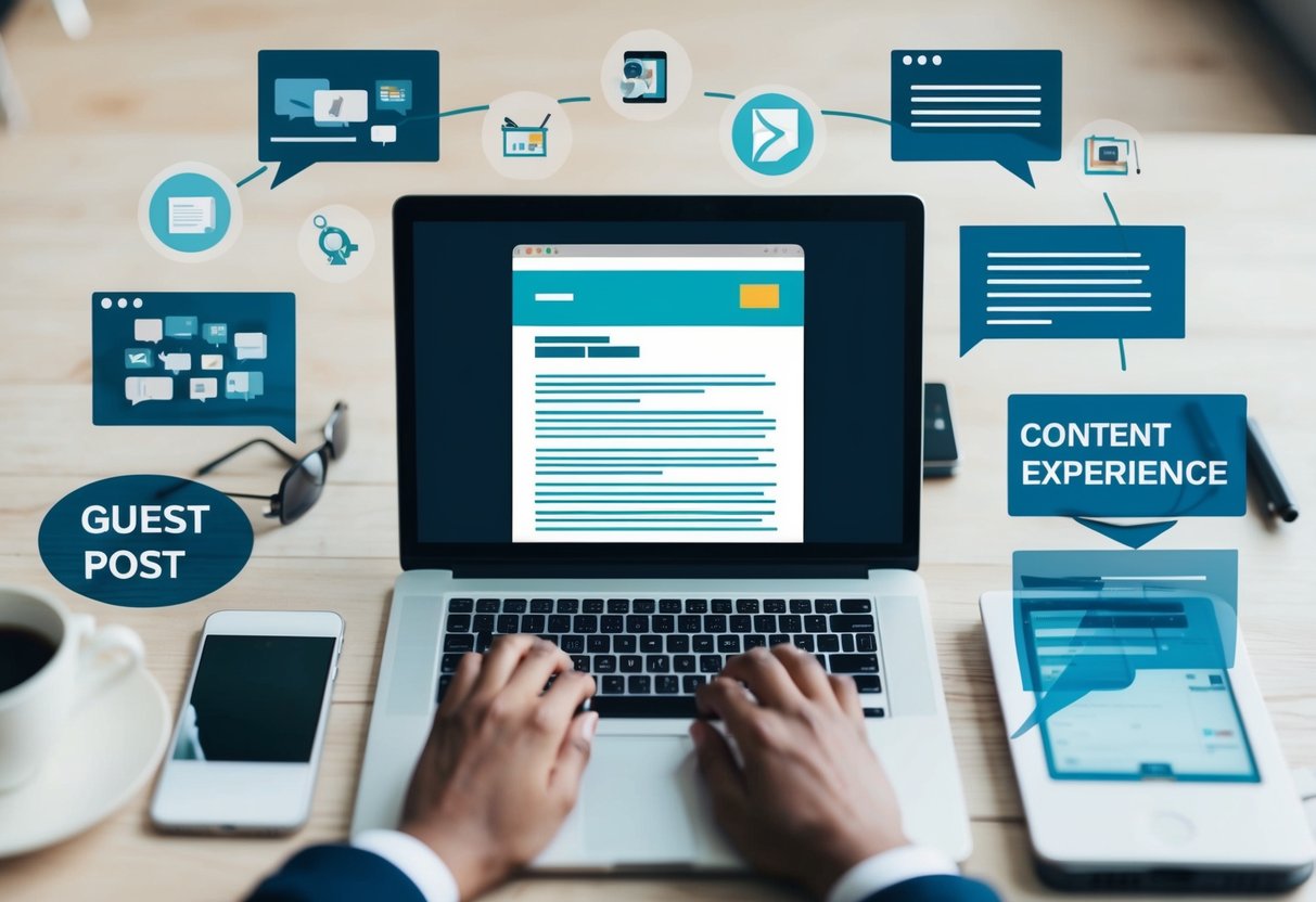 Uma pessoa digitando em um laptop, cercada por vários elementos que representam a criação de conteúdo relevante e a experiência do usuário, com um post de convidado em destaque no site da empresa.