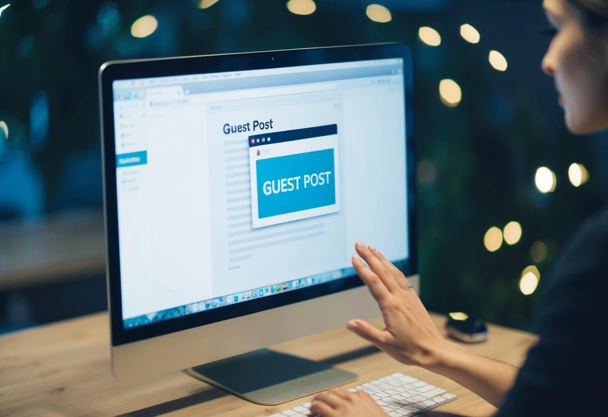 Uma tela de computador mostrando um blog com uma aba de "postagem de convidado" destacada. A mão de uma pessoa se estendendo em direção à tela.