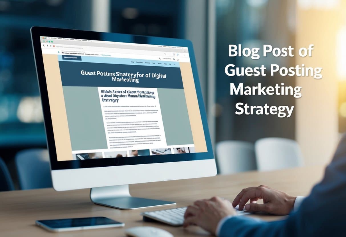 Uma tela de computador exibindo um site com um post de blog sobre os benefícios de guest posting para a estratégia de marketing digital