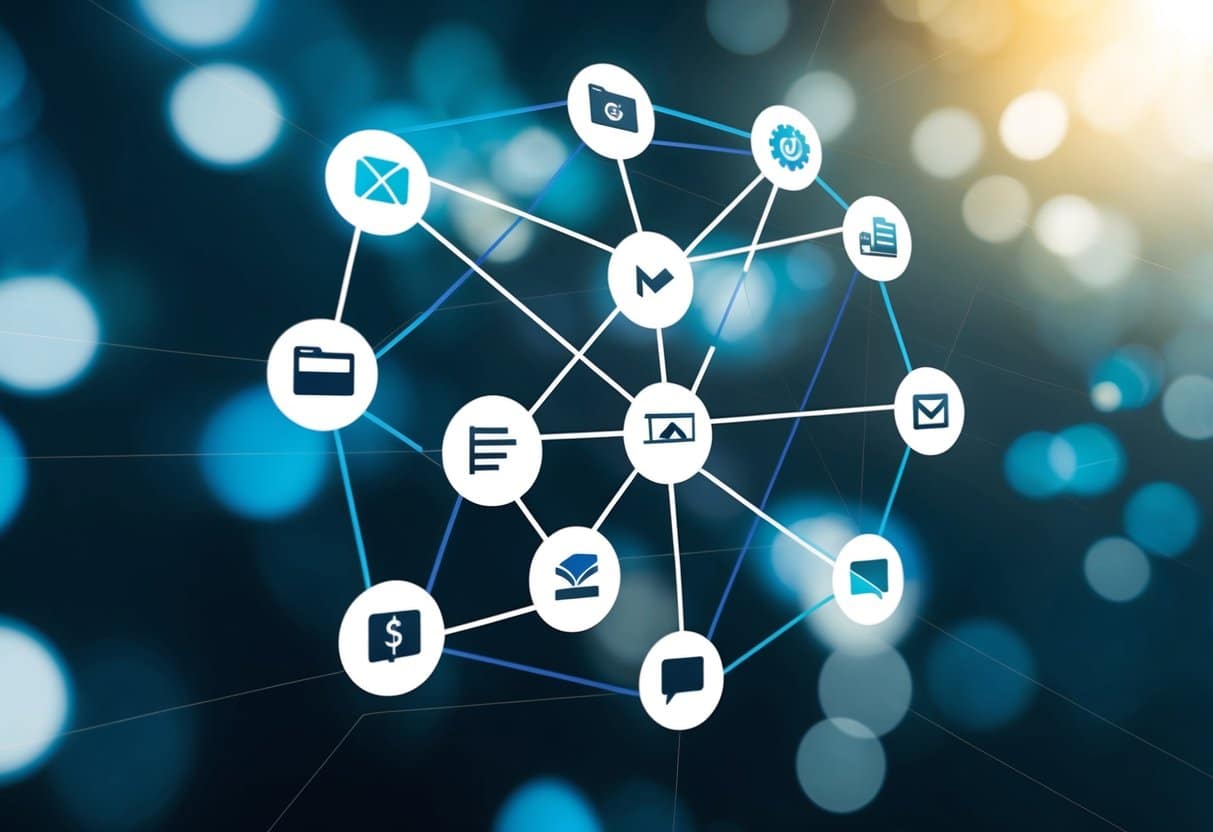 Uma rede de sites interconectados, cada um representado por um símbolo único, com linhas ligando-os para mostrar o conceito de backlinks e sua importância