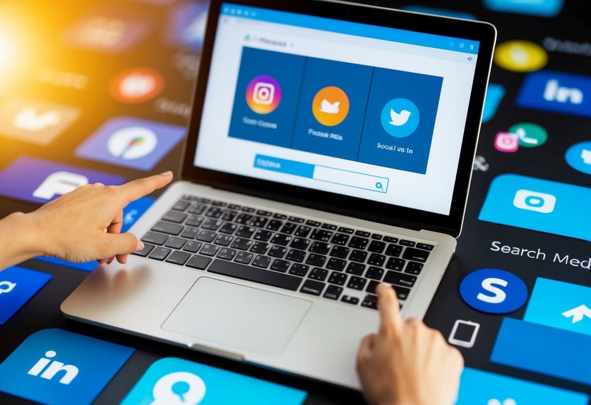 Um laptop cercado por vários sites, ícones de redes sociais e uma barra de pesquisa, com setas apontando para a tela do laptop