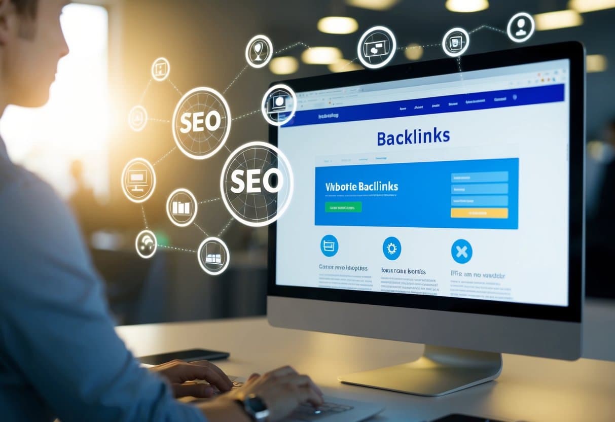 Uma tela de computador mostrando um site com vários backlinks levando a ele, cercada por ícones e gráficos relacionados a SEO.