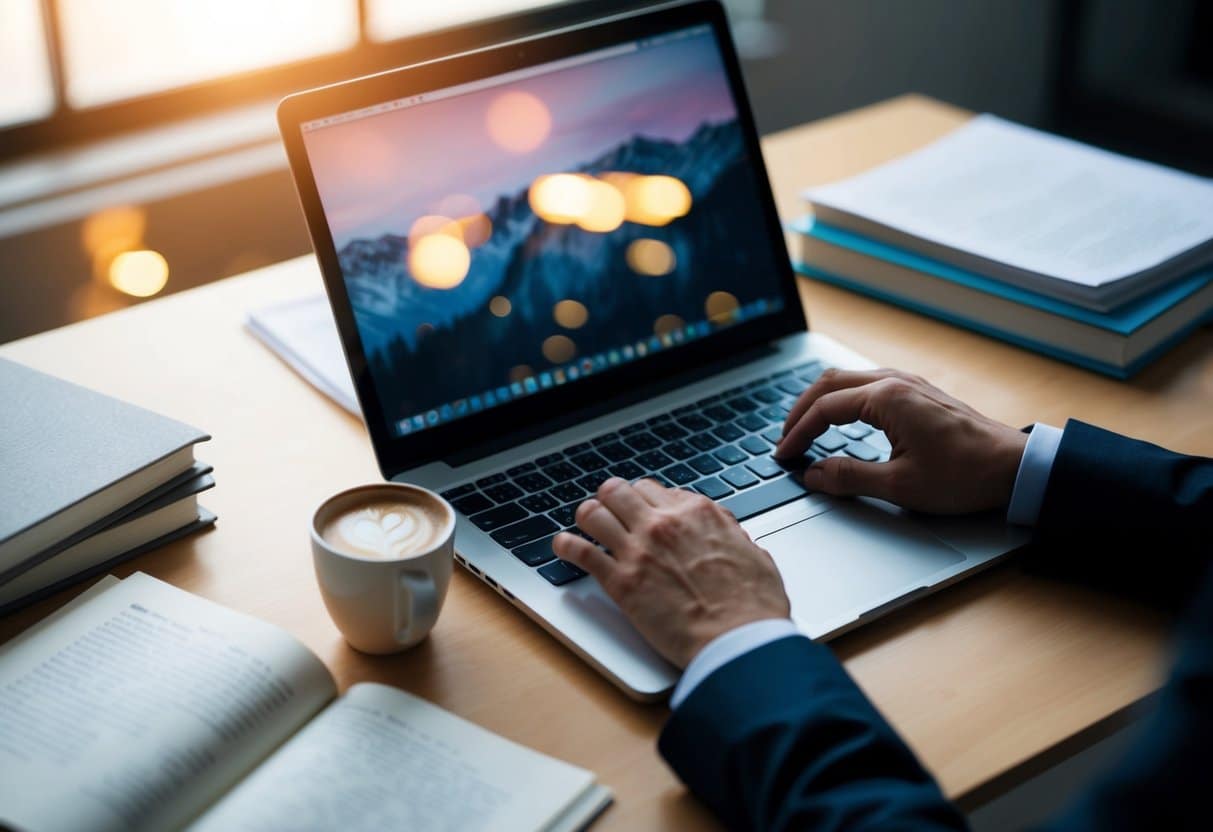 Um laptop com uma xícara de café em uma mesa, cercado por livros e papéis. A mão de uma pessoa é vista digitando no teclado.
