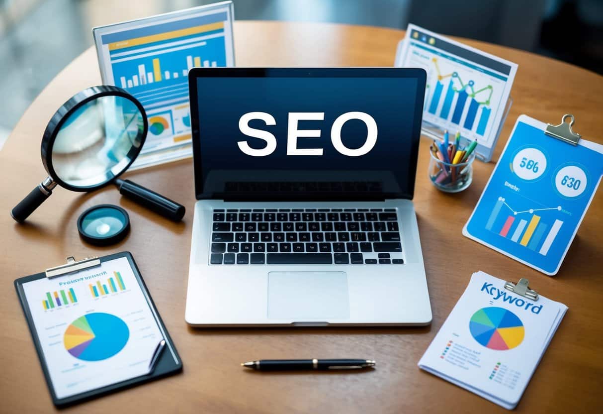 Um laptop cercado por vários itens relacionados a SEO, como uma lupa, planejador de palavras-chave e gráficos de análise de sites.
