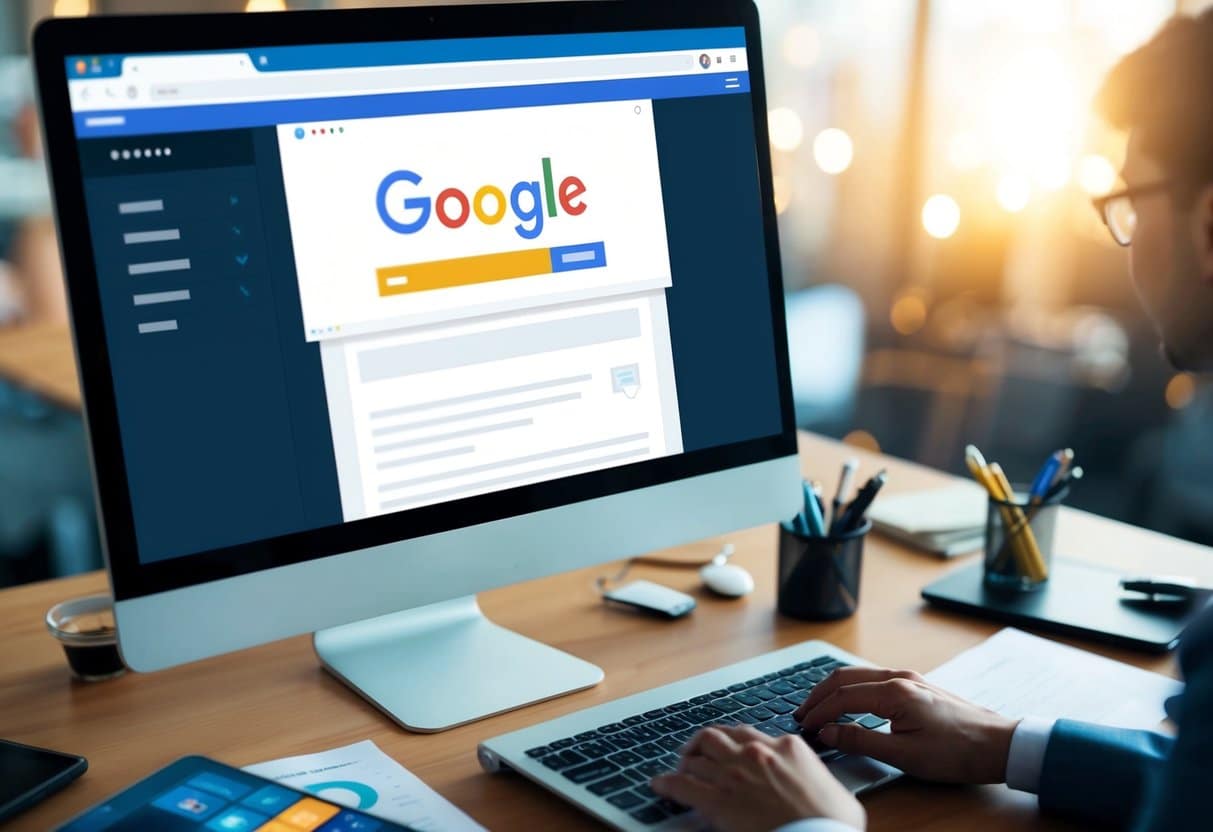 Uma tela de computador exibindo um site classificado no topo da página de resultados de busca do Google, cercada por várias ferramentas e estratégias de marketing digital.