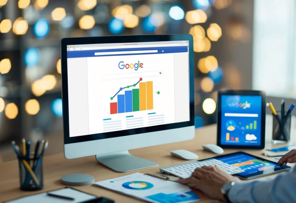 Uma tela de computador exibindo um site classificado no topo da página de resultados de busca do Google, cercada por várias ferramentas e estratégias de SEO.